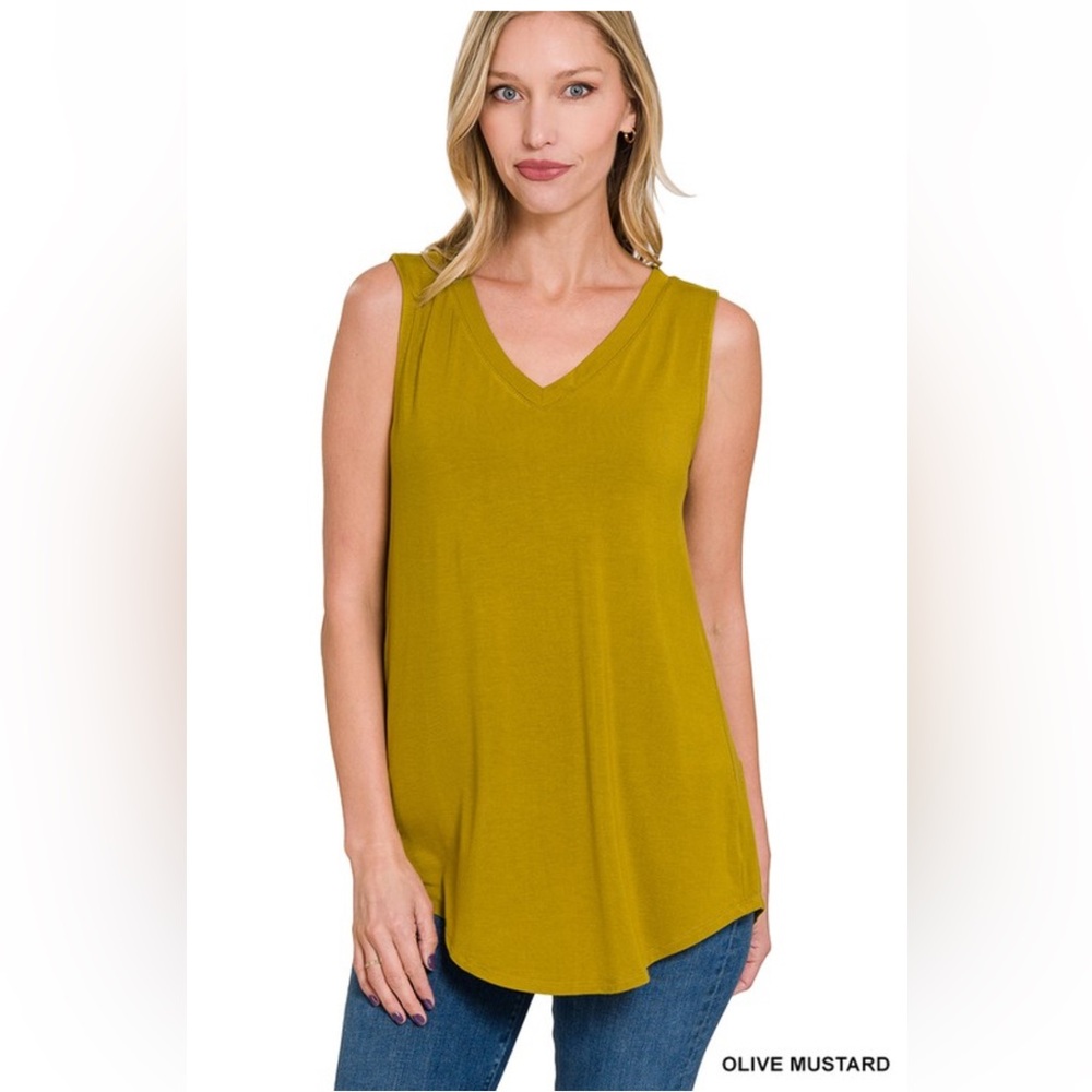 NWT! Olive Mustard Sleeveless V-Neck Loose Fit Soft Tank Stretchy Top